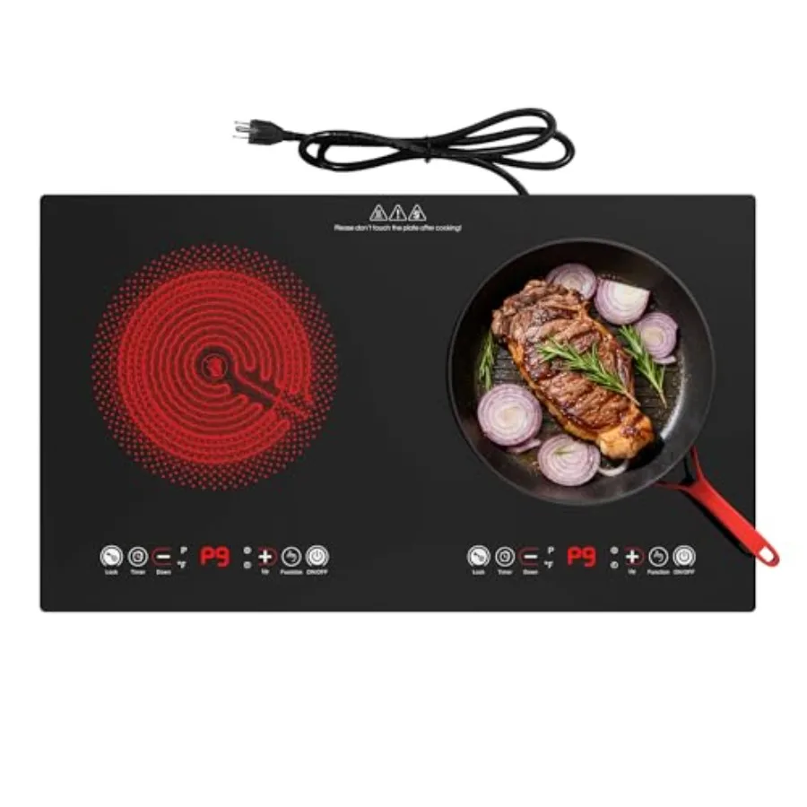 Electric cooktop for kitchen countertops ceramic glass black 24-inch 2-burner with timer and kid safety lock 2400W 110V built-i