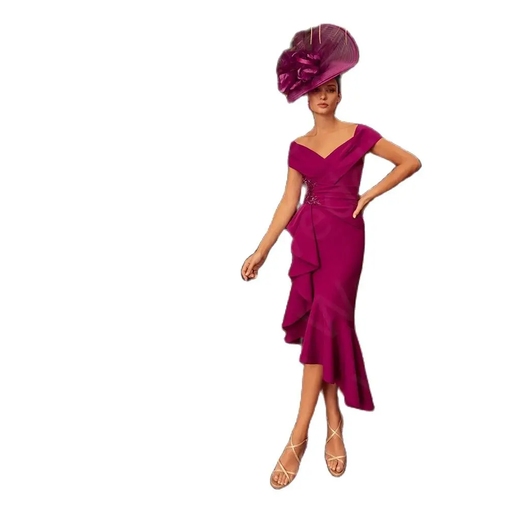 Robe Magenta élégante pour la mère de la mariée, robes de soirée de mariage, col en V, perles, quelle que soit la mancheron, 2024