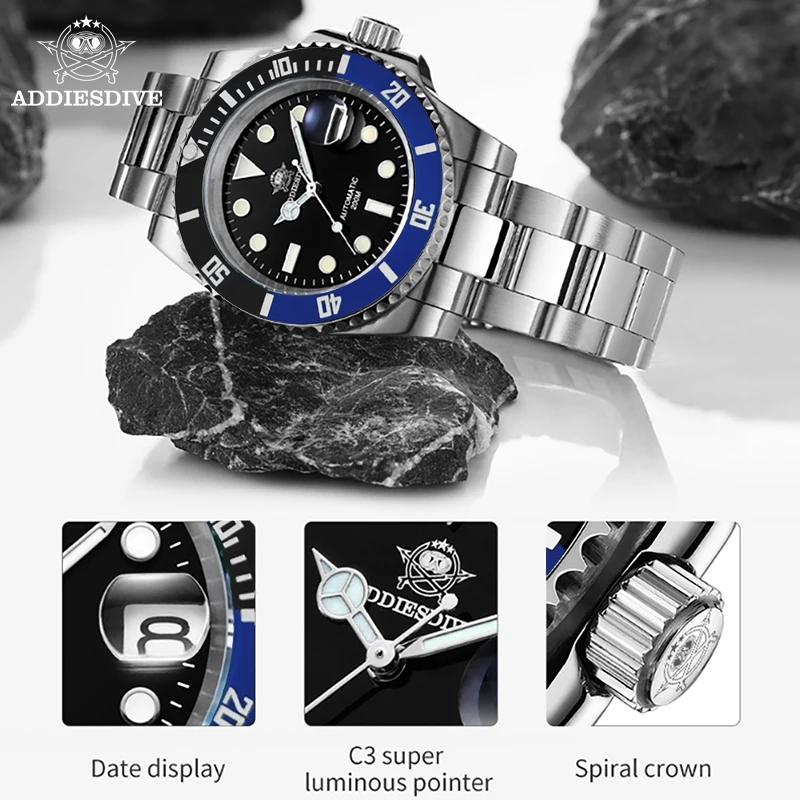 ADDIESDIVE 2023 Watch Men Automatic Mechanical Sapphire Fashion Diving Wristwatches New Stainless Steel 200ATM Waterproof Watch