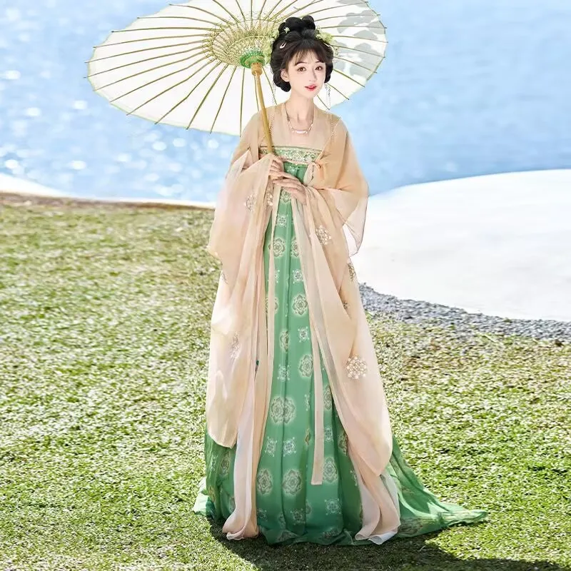 2025 Hanfu 드레스 여성 중국어 빈티지 그린 블루 오렌지 Hanfu 드레스 여성 무대 코스프레 의상 파티 복장 댄스 드레스