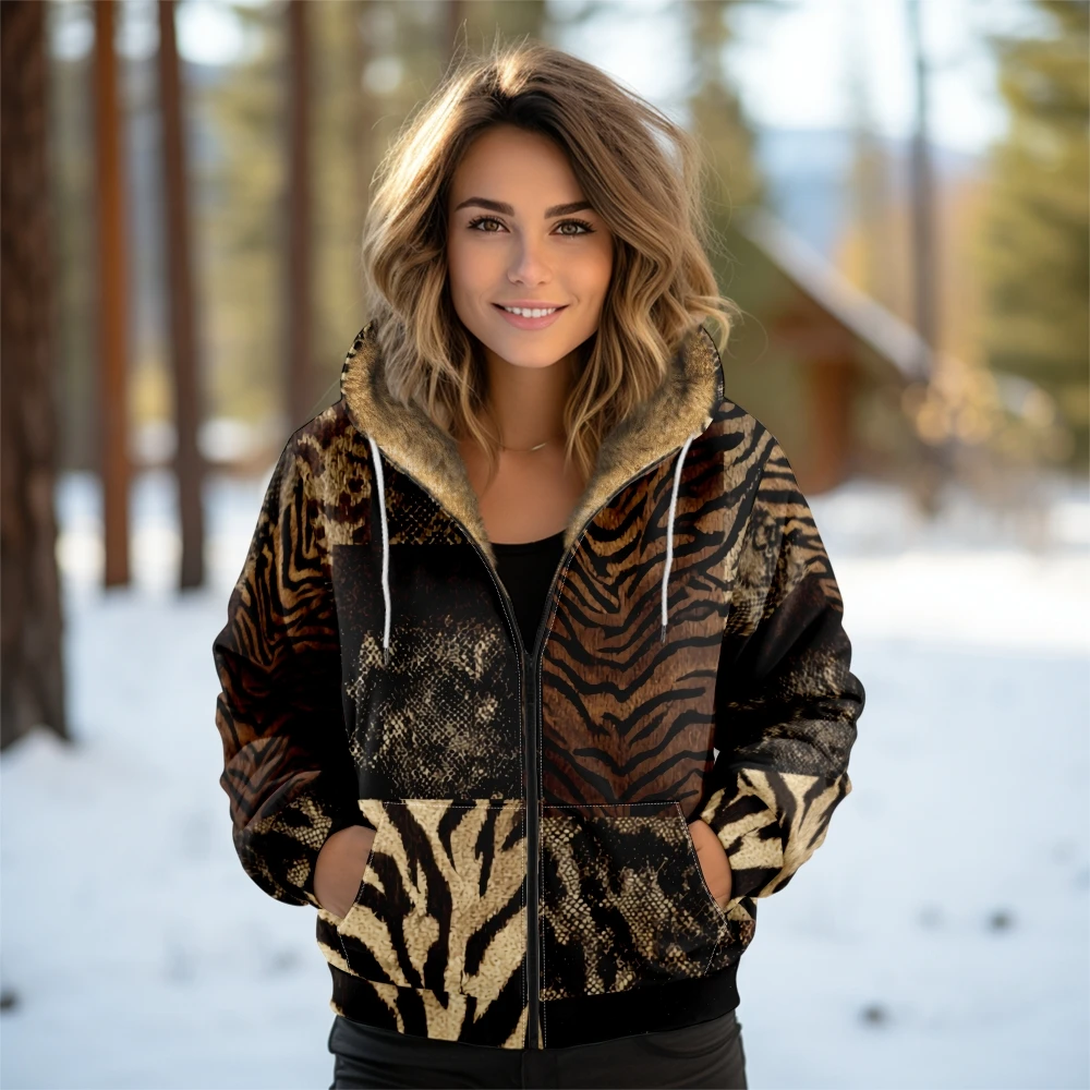 Women's Warm Fleece-Lined Hooded Jacket Coat Stylish Snake Leopard Print Zip Up Hooded Jacket for Outdoor Snow Landscape