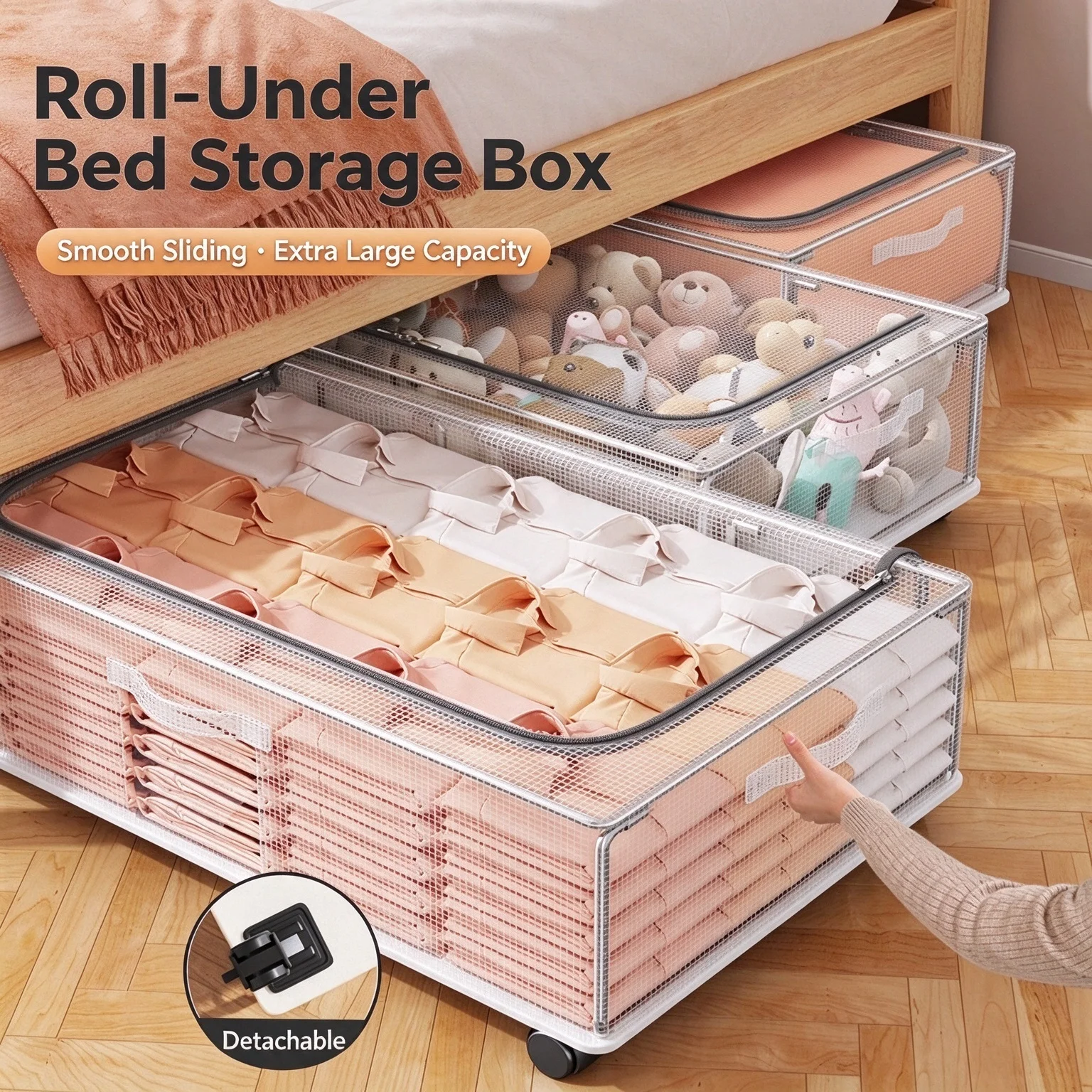 Foldable Under Bed Storage Box with Detachable Wheels Clear Zippered Lid Rolling Underbed Organizer Reinforced Steel Frame Low Profile for Clothes Shoes Toys Bedding 50x40x15cm
