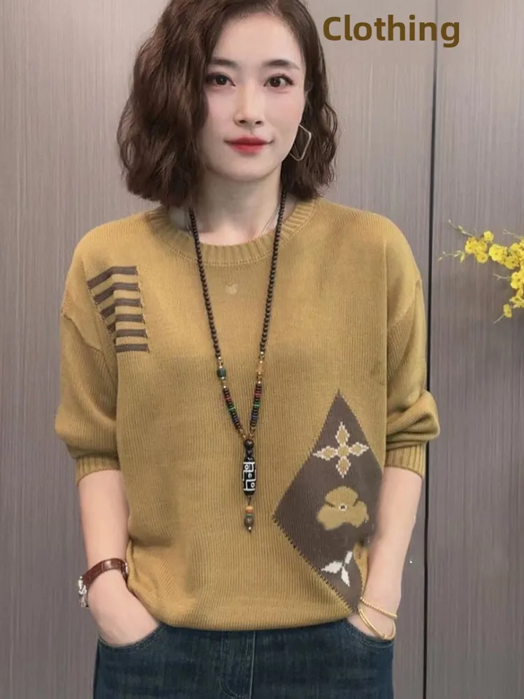 เสื้อสเวตเตอร์ถักทรงหลวมสำหรับผู้หญิง คอกลม ลายดอกไม้  สำหรับฤดูใบไม้ร่วงและฤดูหนาว  รุ่นใหม่  ช่วยให้ดูผอมลง