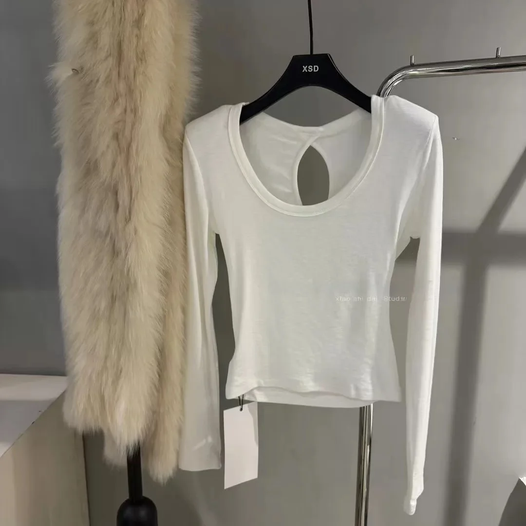 冬用レディース裏起毛スリムフィットTシャツ、中空デザイン、快適なコットン素材、ラウンドネック、柔らかく暖かいトップス