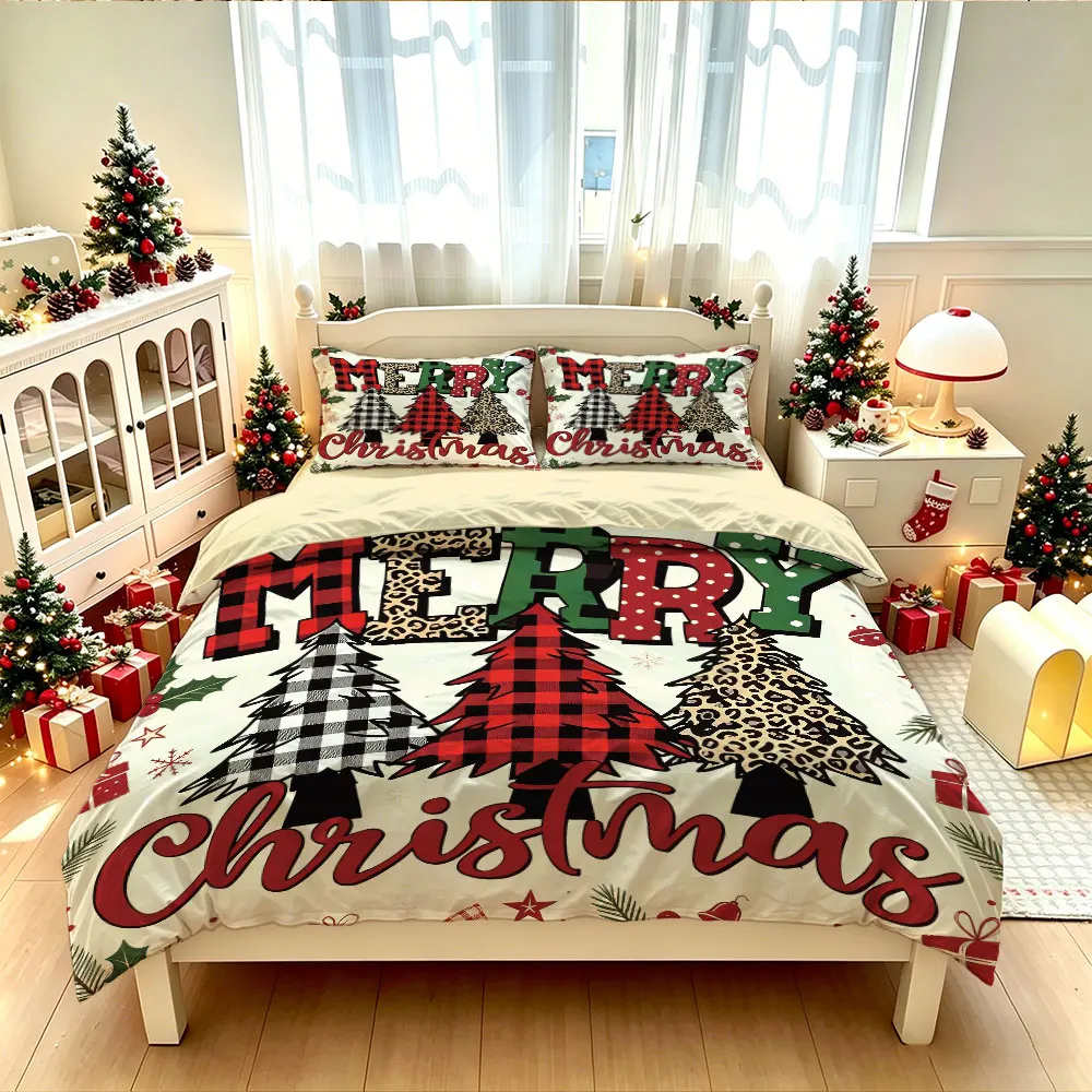3 Pcs Merry Christmas Duvet Cover Set Leopard Plaid Christmas Tree Print Cozy Bedding Set for Bedroom