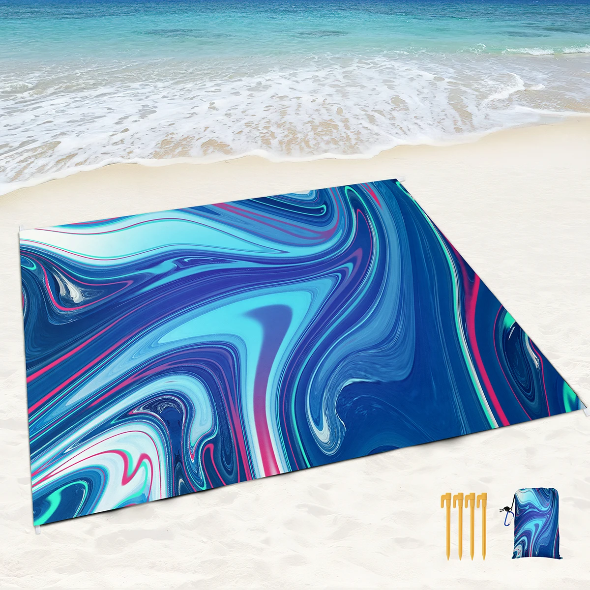 Beach Blanket Waterproof Sandproof,Blue Marble Black Picnic Rugs with Sand Pockets and Stakes,Marbling Outdoor Pad for Seaside