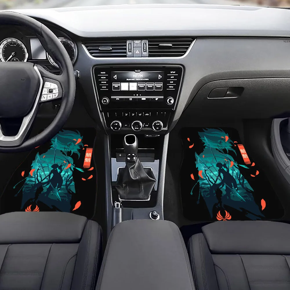 Genshin Impact Xiao Design Car Floor Mats - Non-Slip, Stain-Resistant, Thick Polyester Front & Rear Seat Covers, Machine Washabl