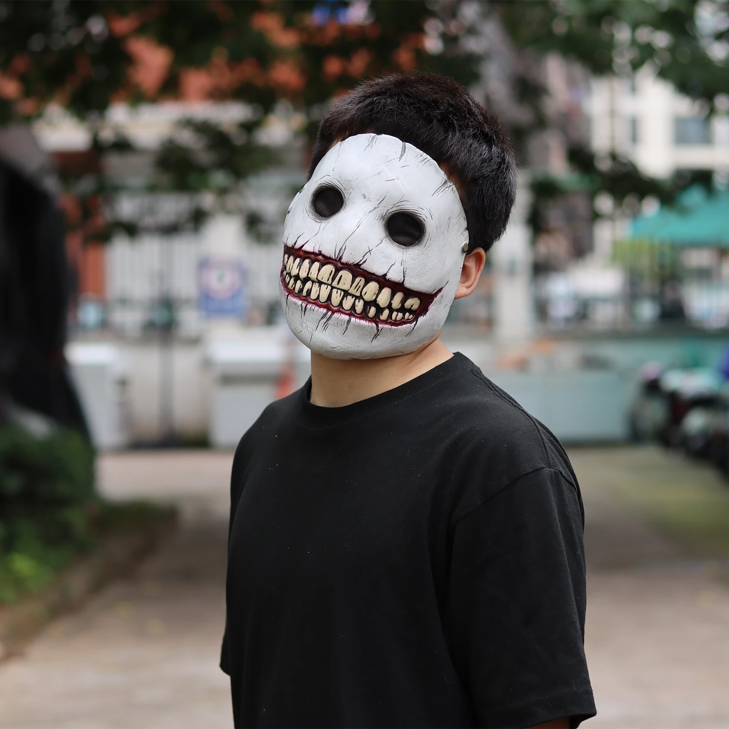 Maska Horror Demon Uśmiechnięta Twarz Czaszka Cosplay Diabeł Zabójca Lateksowe Maski Halloween Karnawał Przebranie Impreza Kostium Rekwizyty