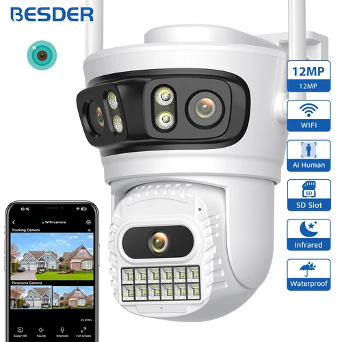 BESDER Cámara PTZ Wifi de 12MP con tres pantallas 180 °   Audio gran angular seguimiento automático 6MP cámara IP de seguridad CCTV vigilancia iCSee APP