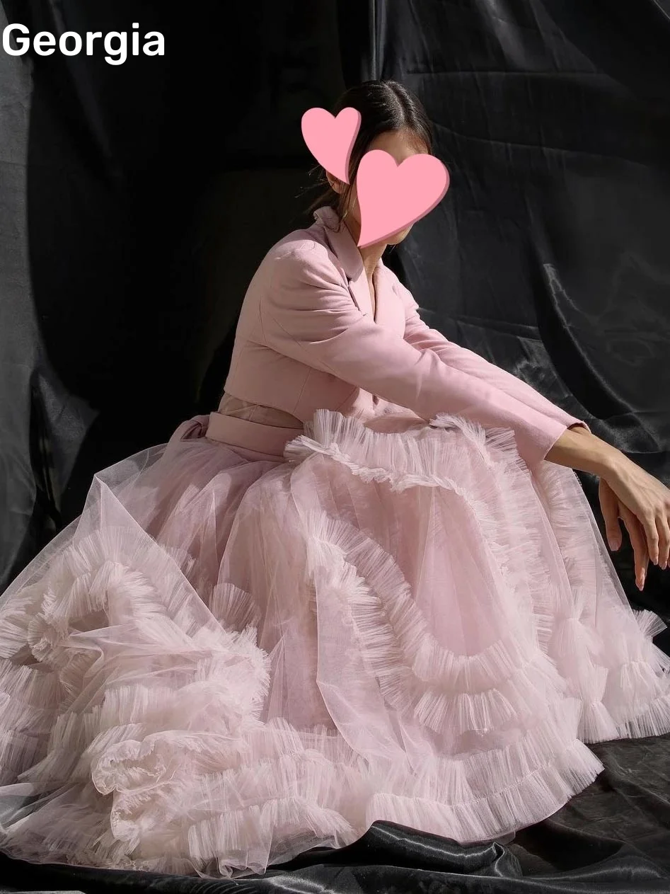 Customized فساتين سهرة A-Line Ruffle Long Sleeves Dresses For Prom V-Neck Tea-Length Zipper Up Elegant And Beautiful Dresses