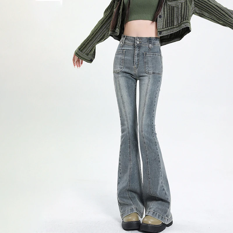 Women Vintage High Waist Flared Jeans  Slim Fit Stretch Denim Tights Pants Y2k Fashion Aesthetic Streetwear Casual Trousers