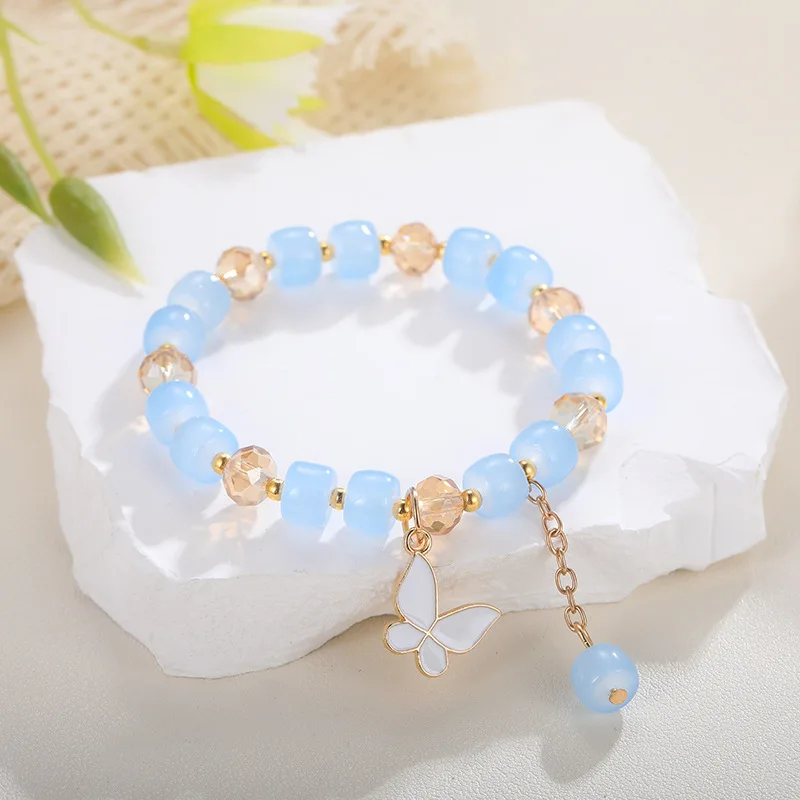 الحلو لون الحلوى تقليد اليشم حجر الزجاج والخرز الكريستالي الفتيات سوار العصرية عقد بحلية متدلية على شكل فراشة لطيف المرأة سوار