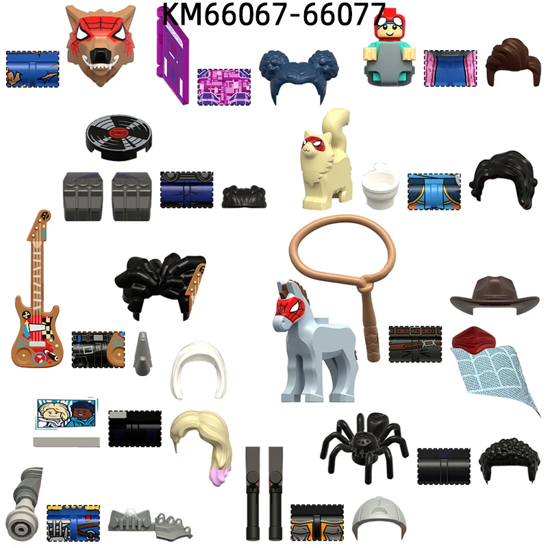 The Record Cat Cup Horse Rope Guitar Stick Action Figures Weapons Pants Hair Parts Model Blocks MOC Bricks Set KM66067-KM66077