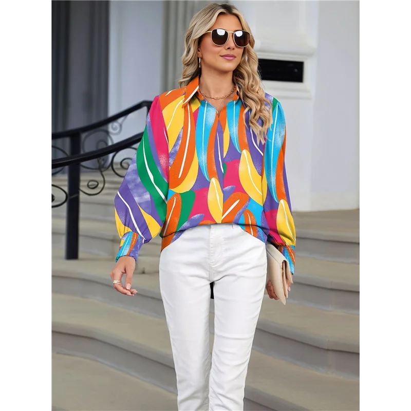 ABRT-Damskie Luźne Bluzki z Dekoltem w Serek i Nadrukiem z Bufiastymi Rękawami w Stylu Boho na Rok 2025