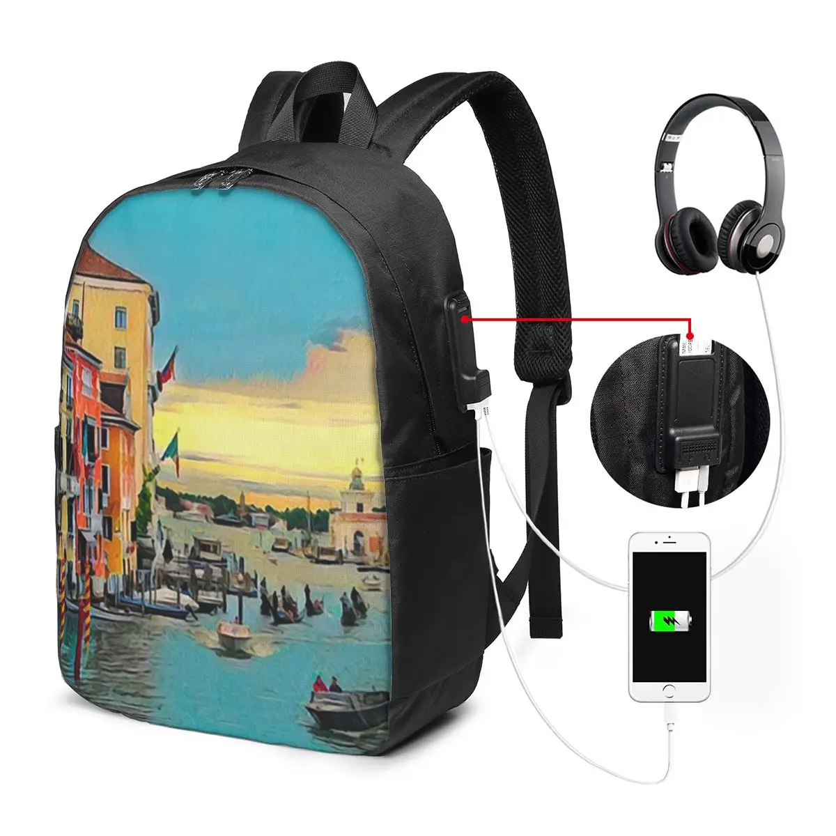 Venice Canal Italy Landscape Backpack Travel Notebook Bag Computer College Student School Bag Laptop Shoulder Bags for Men Women