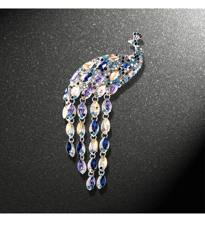 Colorful Crystal Dangle Tassel Peacock Brooch Pretty Glittering Pin Women Suit Coat Accessories Animal Backpack Badge Decoration