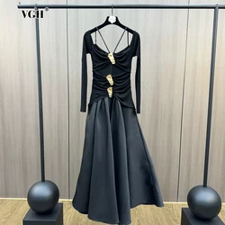 VGH Sexy Chic Dark Style Dress For Women Square Collar Long Sleeves High Waist Pathcwork Large Pin Puff Skirt With Straps Female