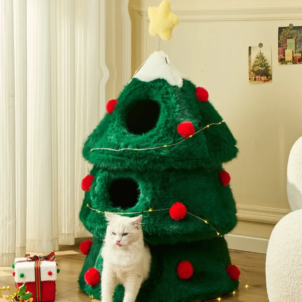 Three-layer House for Cats Creative Christmas Tree Design Warm Indoor Cat Bed Soft and Comfortable Cat Accessories Supplies