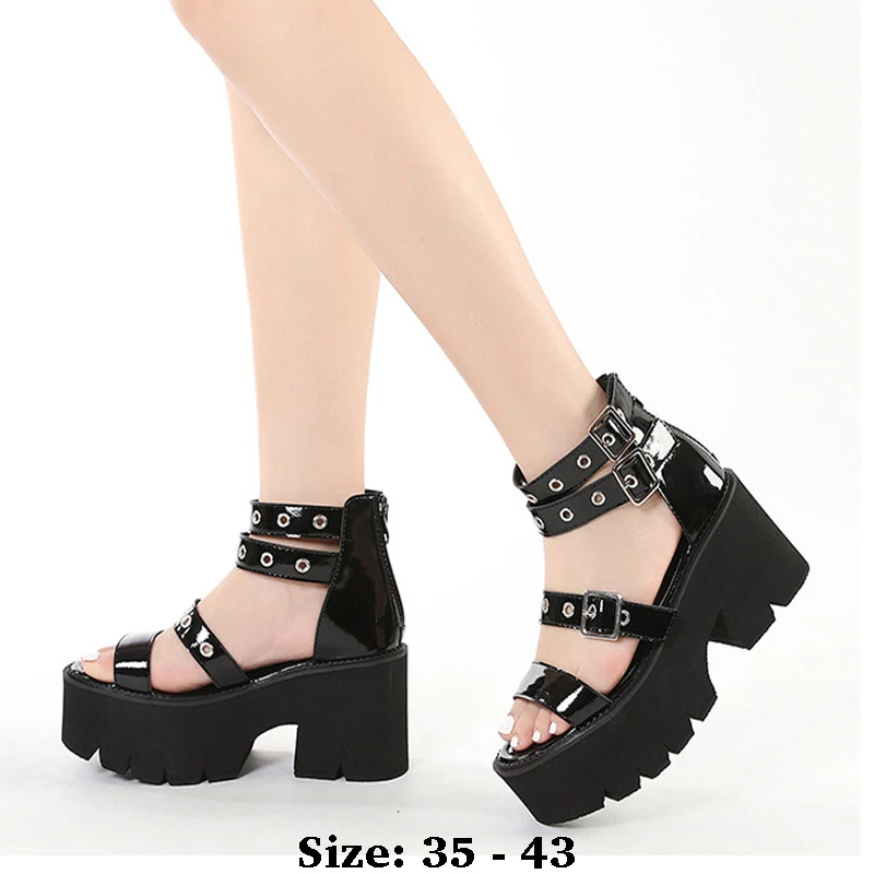 

High quality summer thick soles patent leather sandals for women 8cm high heel buckle 2025 35 43 open toe fashion shoe black