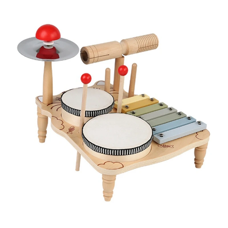 Kids Drum Set For Toddlers Wooden Early Education Beginner Percussion Music Table Children's Drum Rack Set Durable Easy To Use