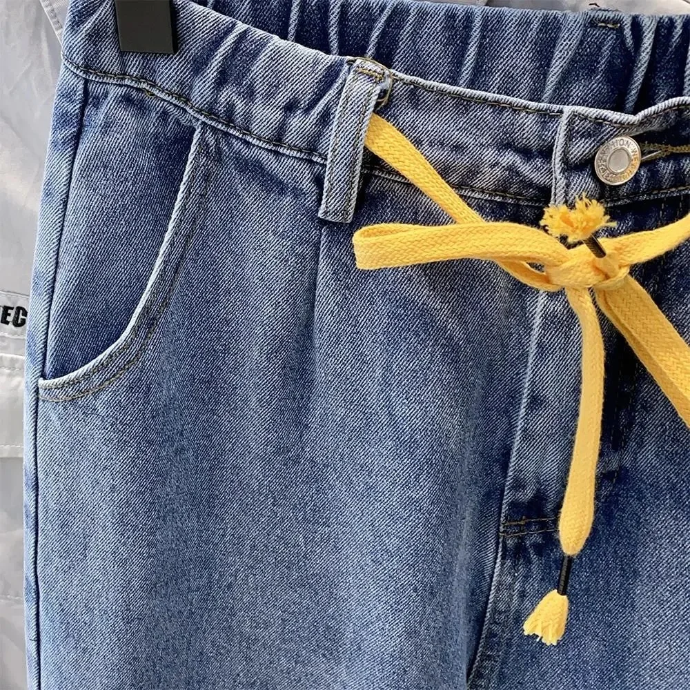 بنطال جينز فضفاض خفيف بخصر مطاطي 9 نقاط للرجال صيفي صغير القدم ملابس الشارع برباط هارلان من قماش الدنيم #2