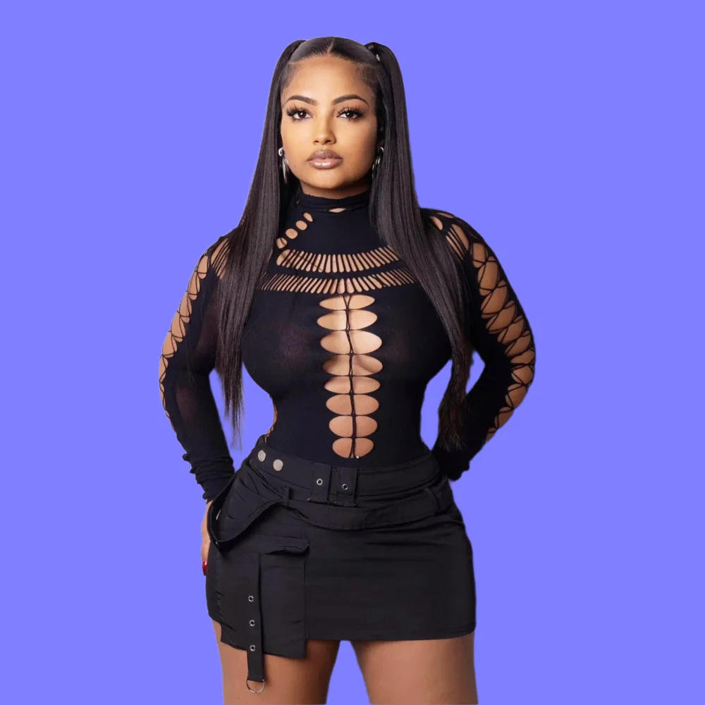 Black Women's Sexy Bodysuit Y2K High Neck Bodycon Circle Cutout Front & Lace-up Mesh Sleeve Stretchy Edggy Clubwear Streetwear
