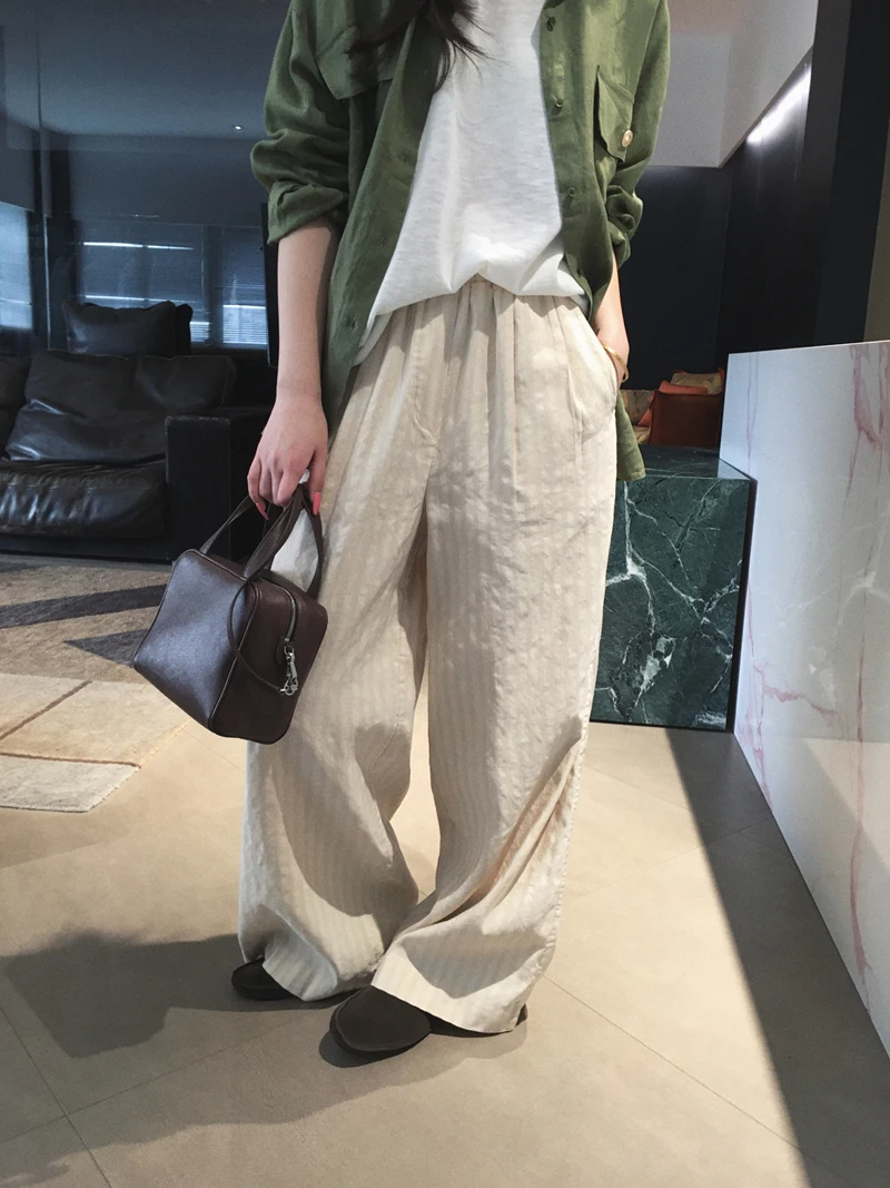 

Повседневные брюки Cuijia из тканого шелкового твила с эластичным поясом, прямые штанины, вертикальные полосы, H36990, женская мода, весна