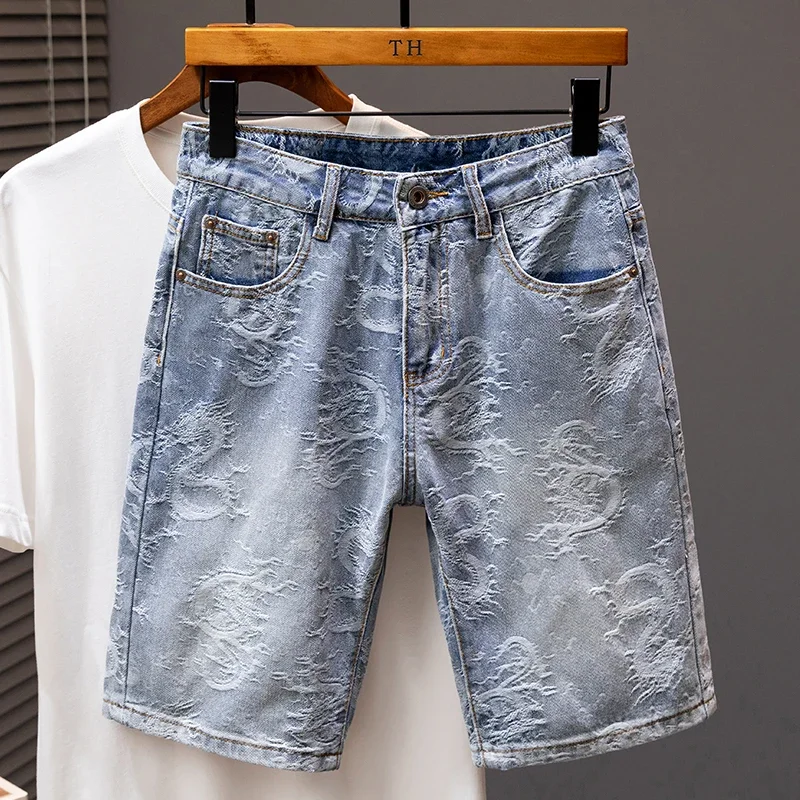 2024 Summer New Personality Dragon Print Stylish Straight Blue Denim Shorts Male Street Style Men\'s Straight Denim Shorts