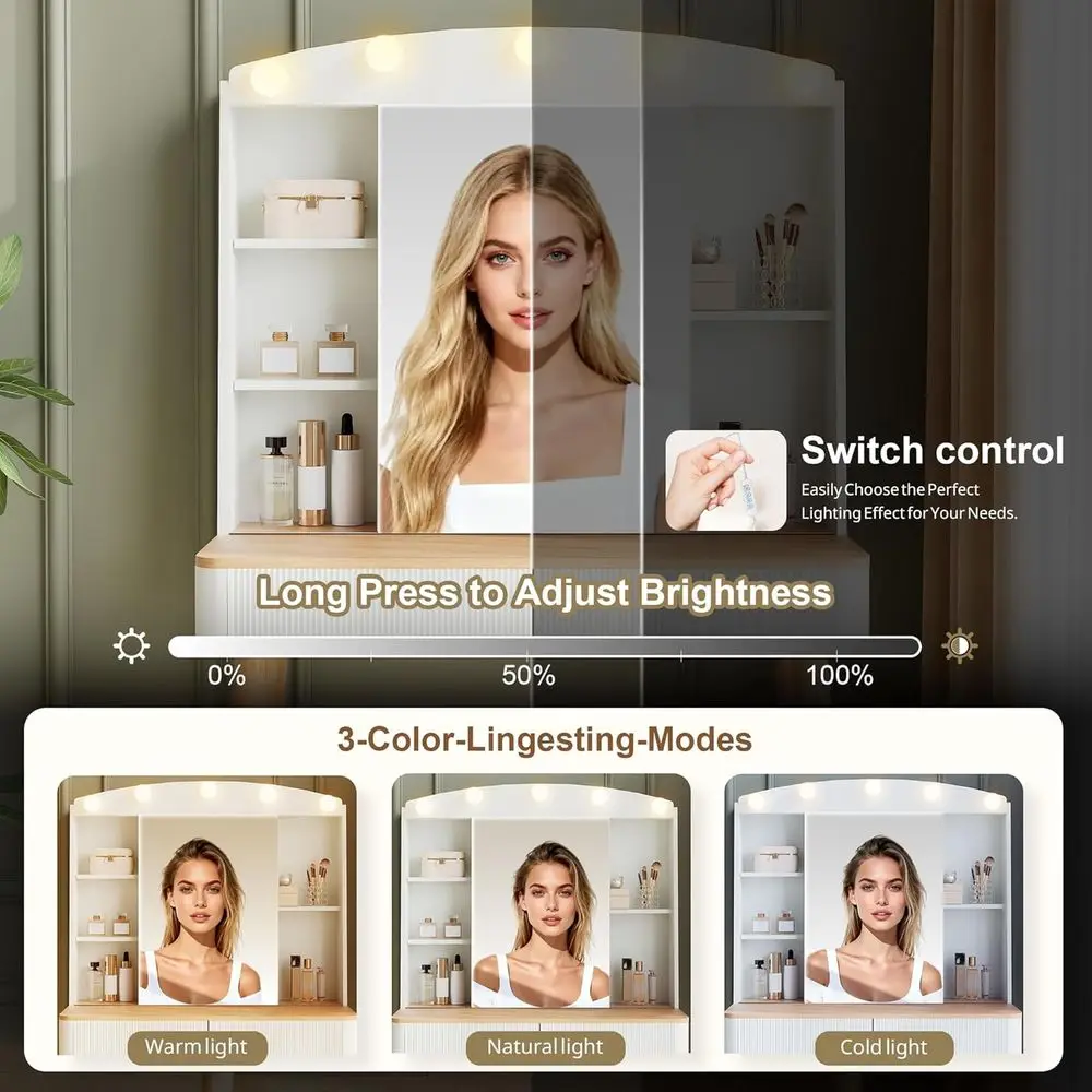 Compact 33.4 Vanity Desk with Mirror & Lights, Sliding Mirror Vanity with Storage, Fluted Makeup Table for Bedroom