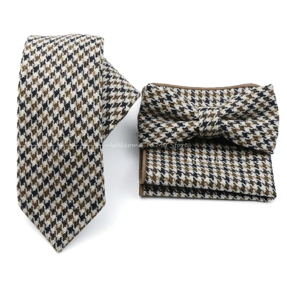 

Men's Fashion Brown Grey Plaid Striped Wool Tie Handkerchief Bowtie Set For Man Business Wedding Party Shirt Accessories Gifts