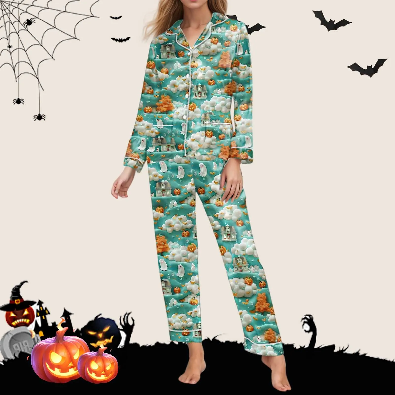 2 Piece Pajama Set Women\'s Halloween Nightgown Satin Silk Shirt Long Pants Women 2024 Halloween Pumpkin Graphic Long Pajama Set