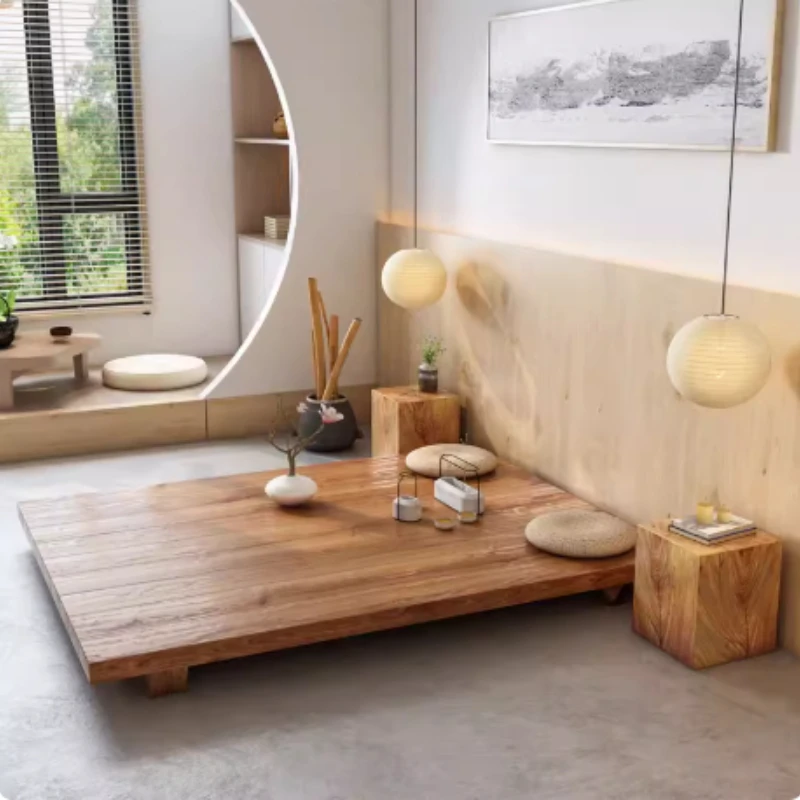 luxury Natural Japanese solid wood tatami log style rest platform simple bed hotel modern floor-standing homestay furniture home