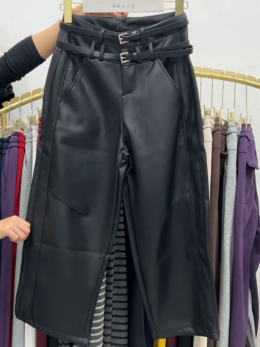 

Casual Protein Leather Nine-Footed Women's Pants High Waist Zipper Closure Straight Leg Loose Fit Breathable Comfortable Bla
