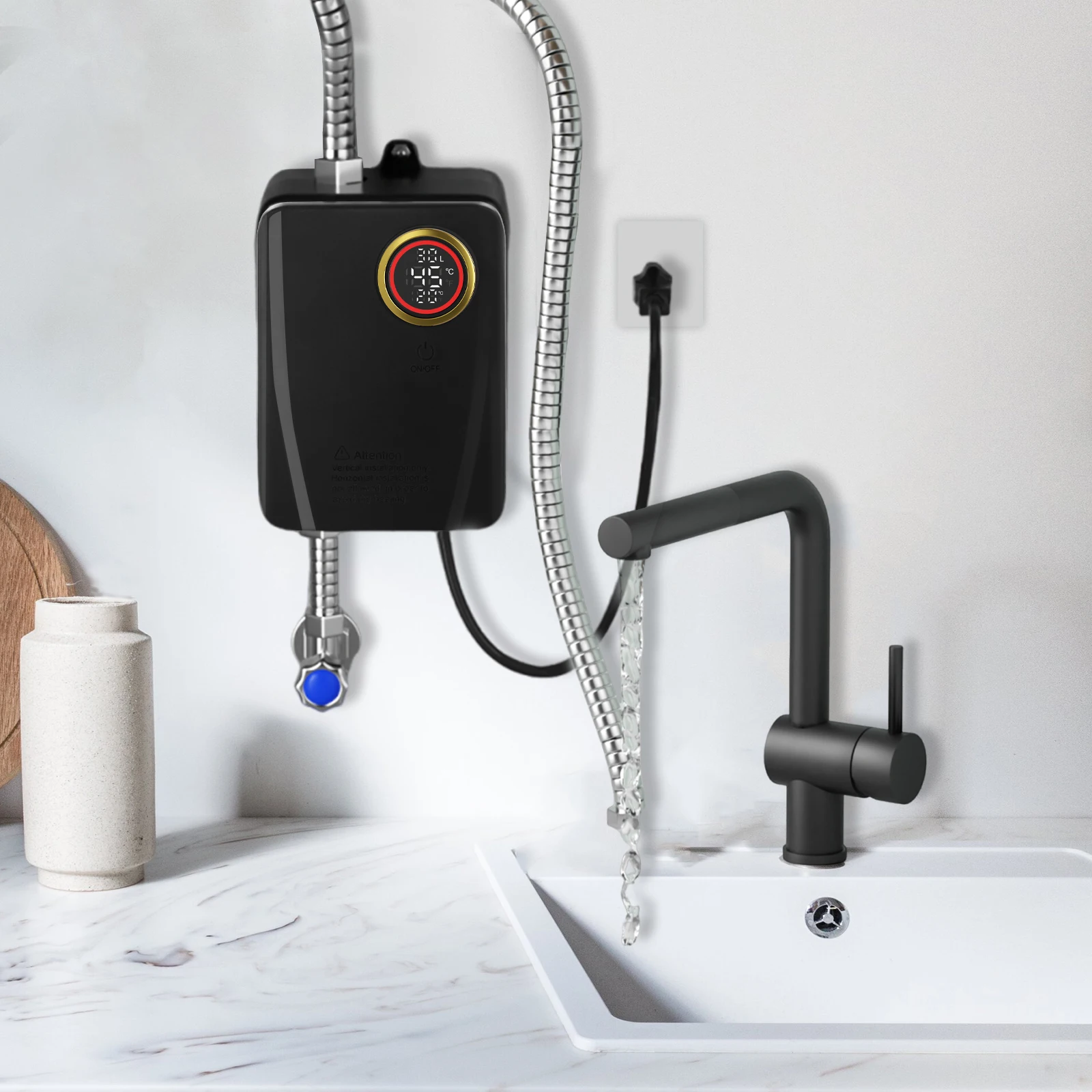 

Черный мгновенный небольшой электрический водонагреватель из АБС-пластика + нержавеющая сталь 304 - высокая эффективность 3000 Вт для короткой горячей воды