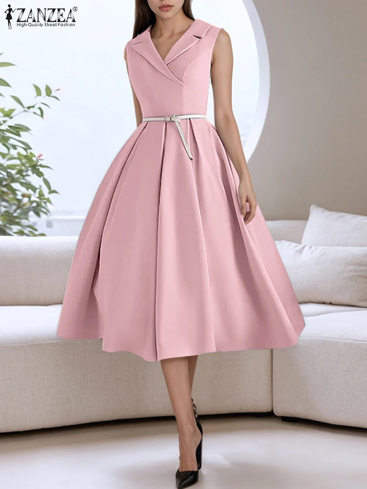 ZANZEA Elegant Party Dress แฟชั่นผู้หญิง V คอเอวชุด 2025 สไตล์ Solid สายทํางาน OL Sundress จีบ Vestidos Robe