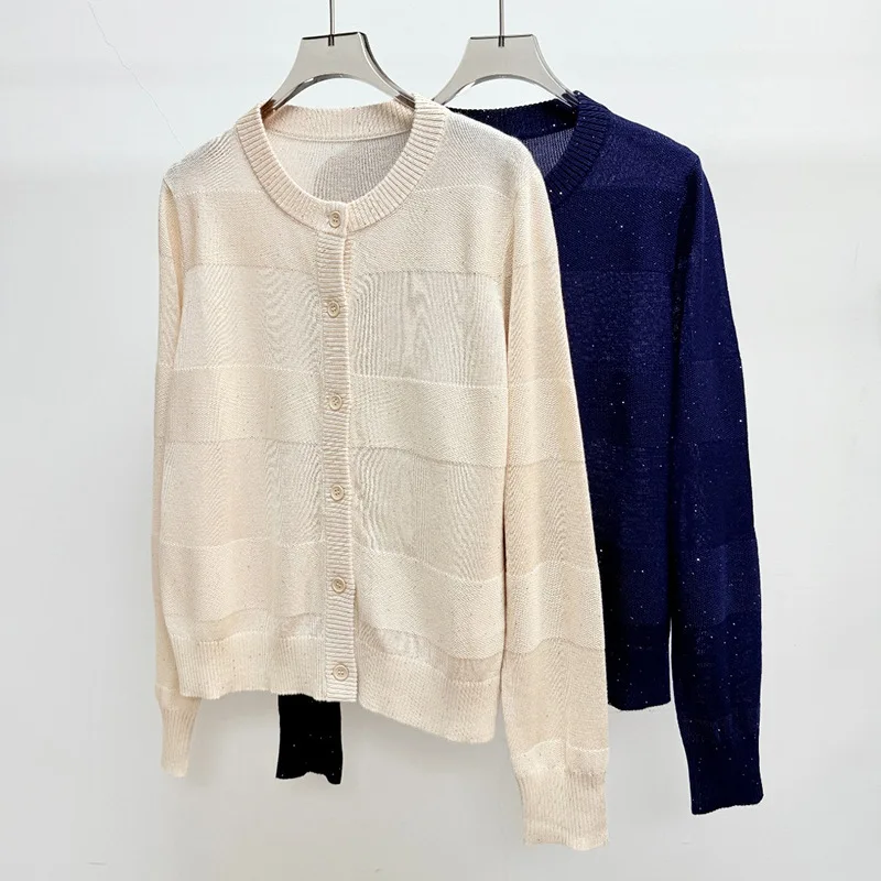 Women's Autumn Knitted Cardigan Round Neck Jacquard Striped Loose Jacket