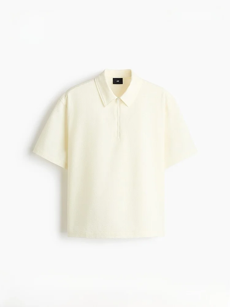 

Мужская рубашка свободного кроя с молнией из ткани Bubble Cloth, короткий рукав, весна 2026, новинка H&M, 100% полиэстер, без стрейча