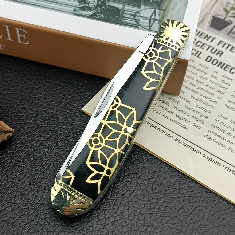 New 440C Double Blades Brass & Resin Handles Folding Pocket Knife Tactical Knife Hunting Edc Self defense Survival Knife