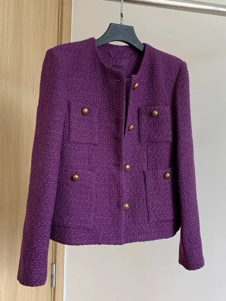 New Vintage Tweed Purple Jacket Women Elegant Long Sleeve Single Breasted Elegant Woolen Coat Korean Fashion Outwear Fall Winter