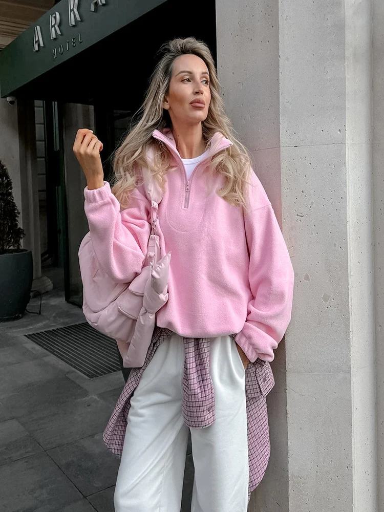 

Новый осенне-зимний повседневный флисовый однотонный свободный женский пуловер с лацканами и полумолнией, женская одежда, модная уличная одежда