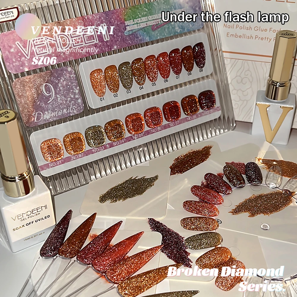 Vendeeni TPO FREE 9 Farben/Set Orange Glitzer Gebrochener Diamant Gel-Nagellack Herbst-Ahornblatt UV-LED-Gel-Lack mit Display – Detail 9