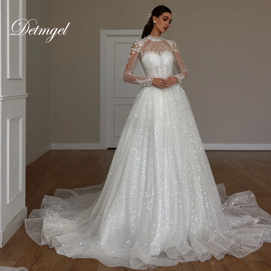 

Detmgel Индивидуальные новые современные свадебные платья трапециевидной формы с высоким воротом и шлейфом, изысканное блестящее кружево с блестками и бисером Vestido De Noiva