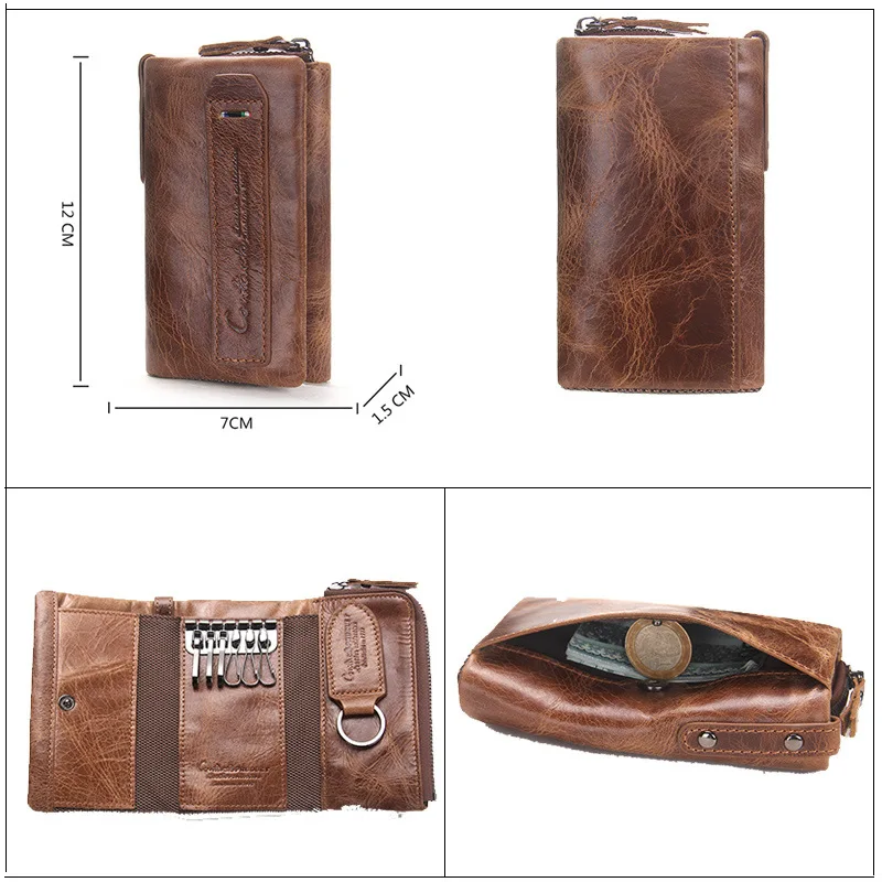 Men's Wallet Genuine Leather Fashion Key Bag Large Capacity Three-fold Change Storage Bag Pruse  and Girls Brown