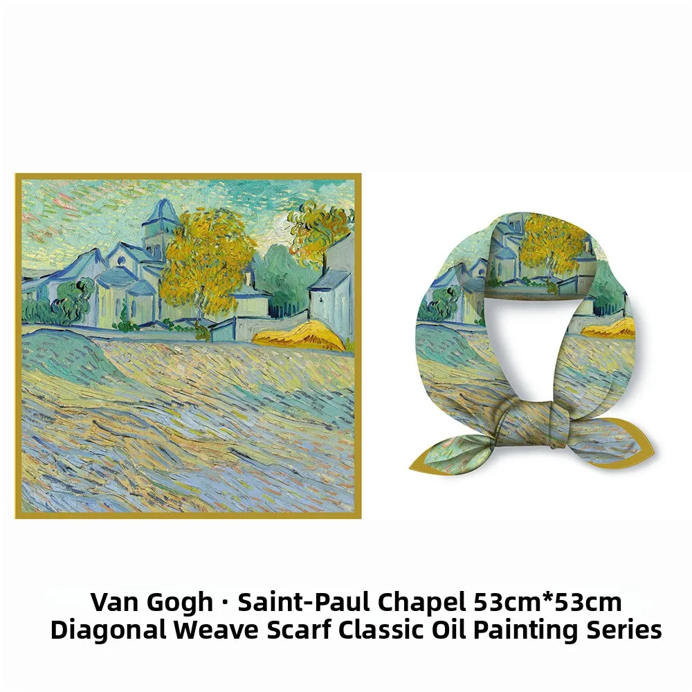 

New 53cm Van Gogh Oil Painting St. Paul's Church Women's Decorative Twill Silk Scarf with Small Square Scarf Neck Warmer Scarf