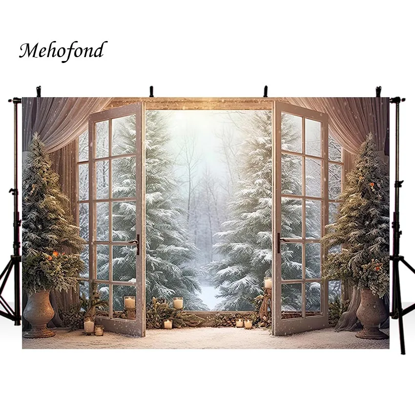 Mehofond Christmas Decor Backdrop Tree Window Door Snow Indoor Kids Portrait Photography Background Photo Studio Photobooth Prop