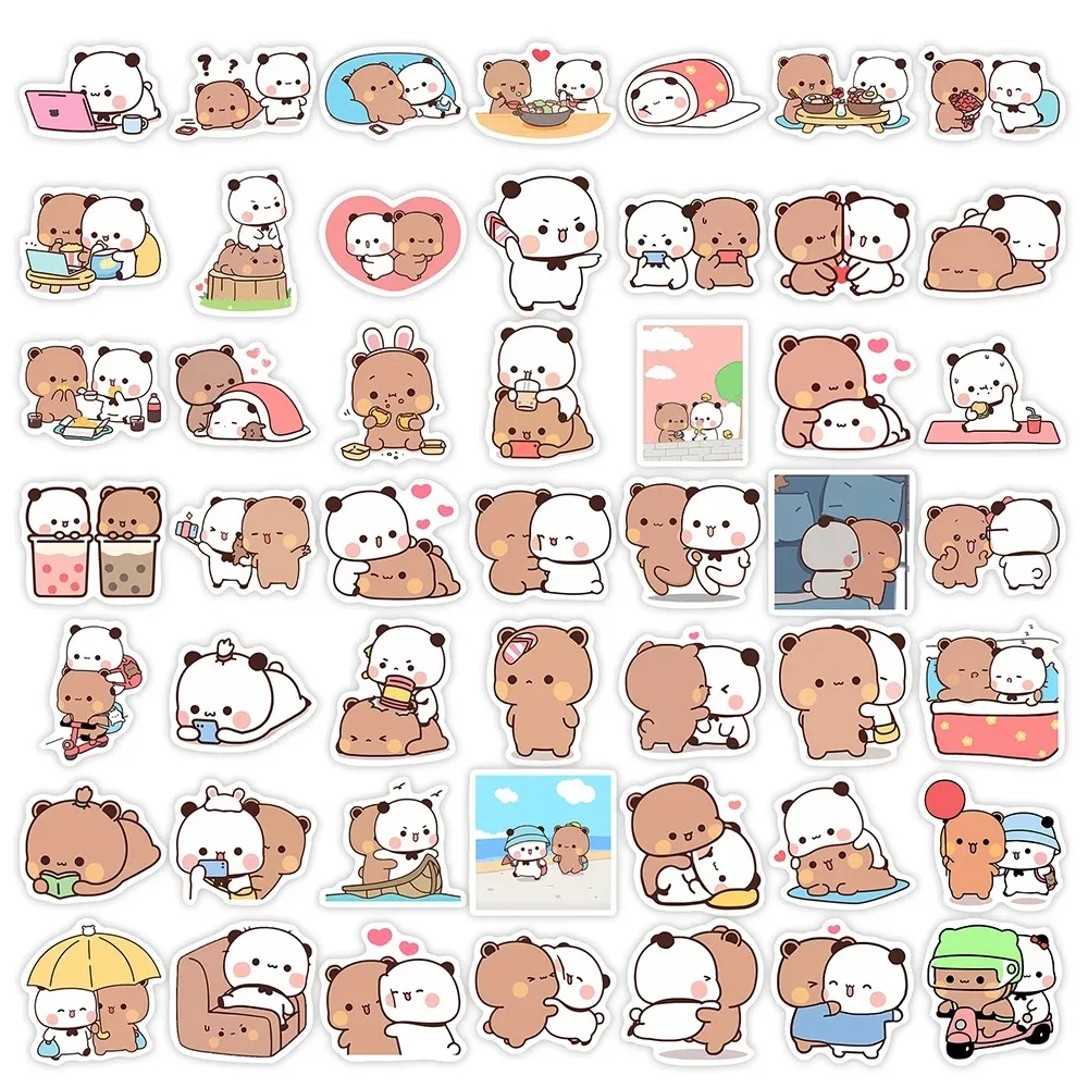 50sheets/set Panda Cute Bear and Panda Stickers Waterproof PVC Cartoon Bear and Panda Stickers Cartoon Bear Bubu Dudu Stickers