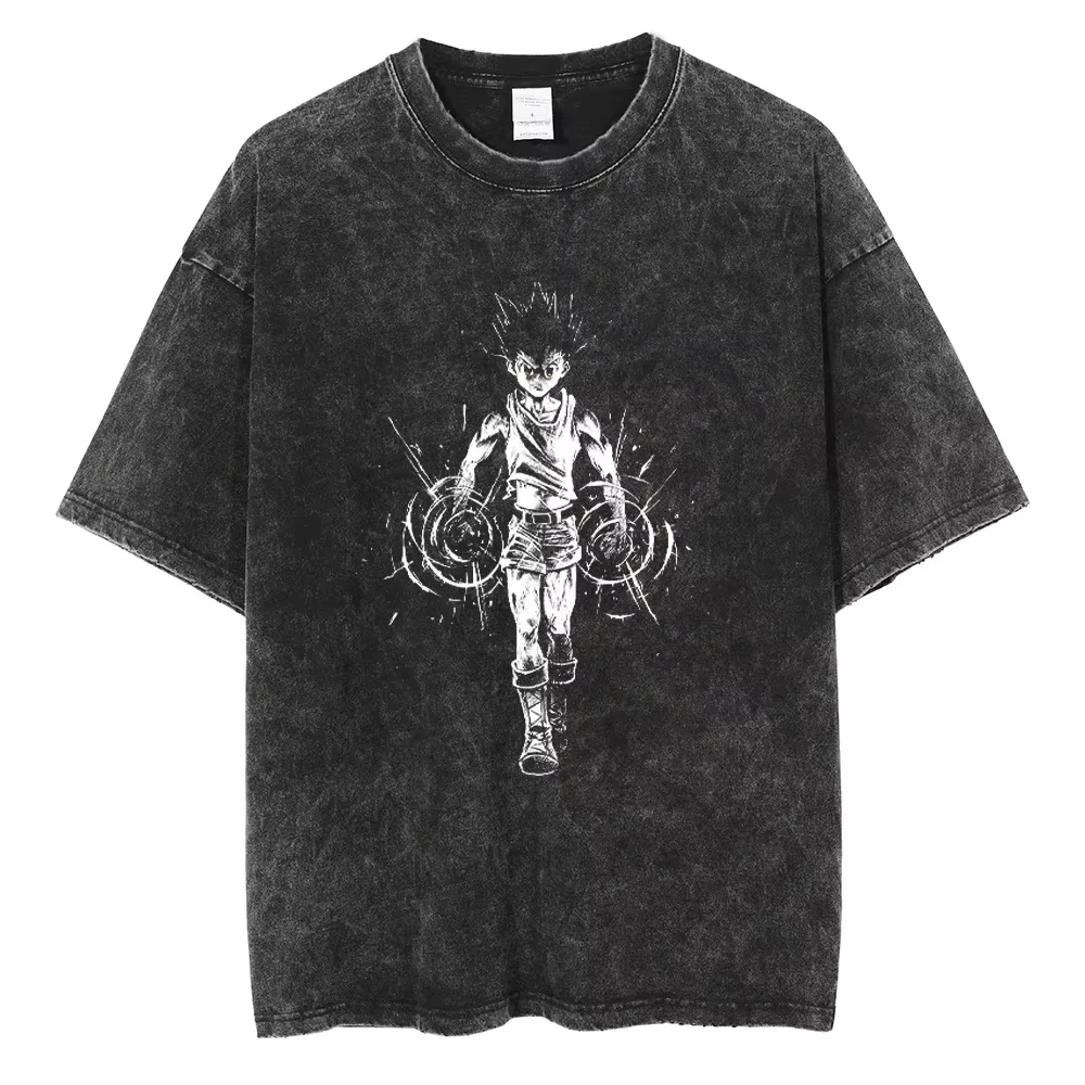 Hunter X Hunter Anime Manga T-shirt Men Women Vintage Washed Cotton Short Sleeve Summer Harajuku Hip Hop Streetwear Kawaii Top