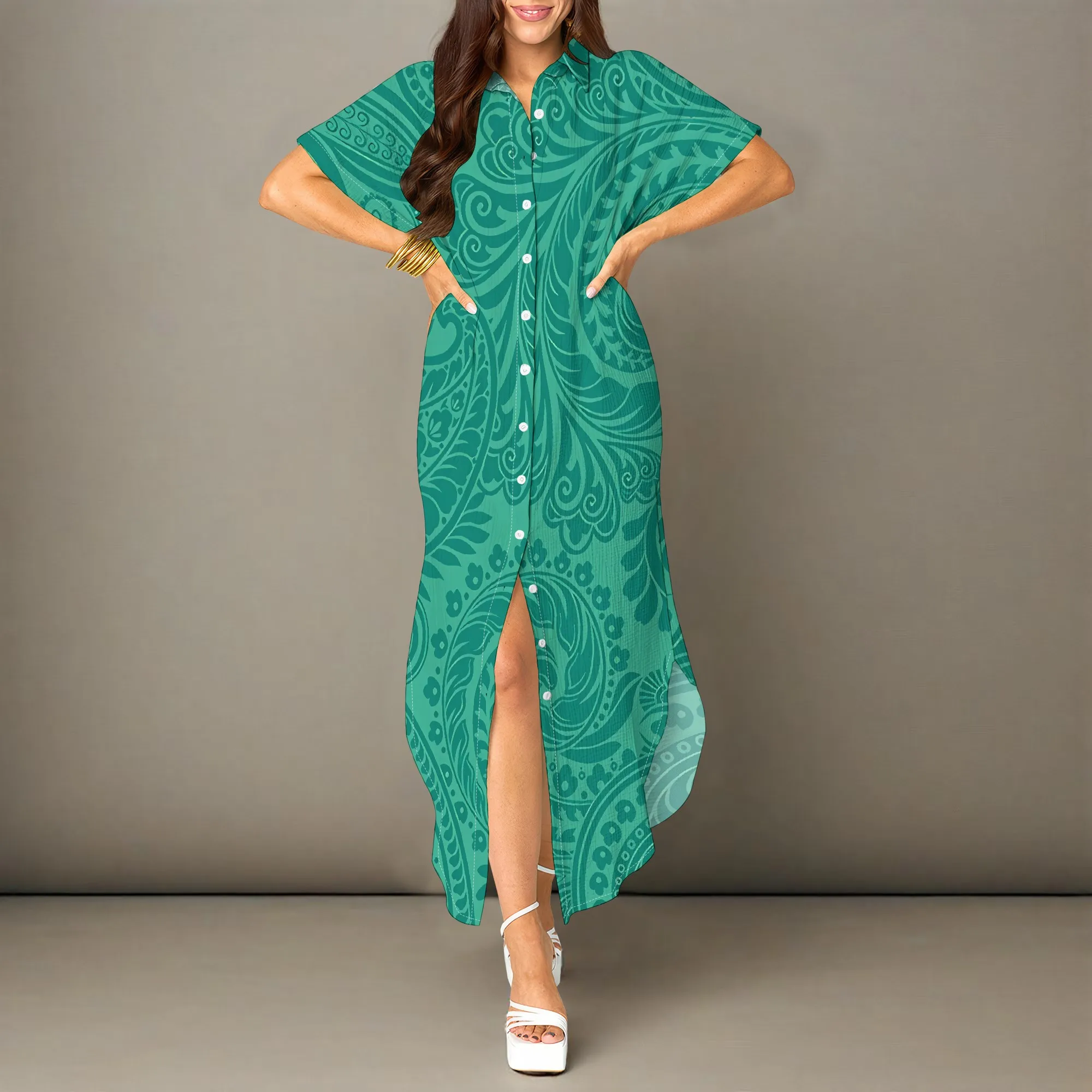 

Nupusa Paisley Print Dress for Women Regular Size Summer Casual Shirt Neck Short Sleeve High - Low Dress