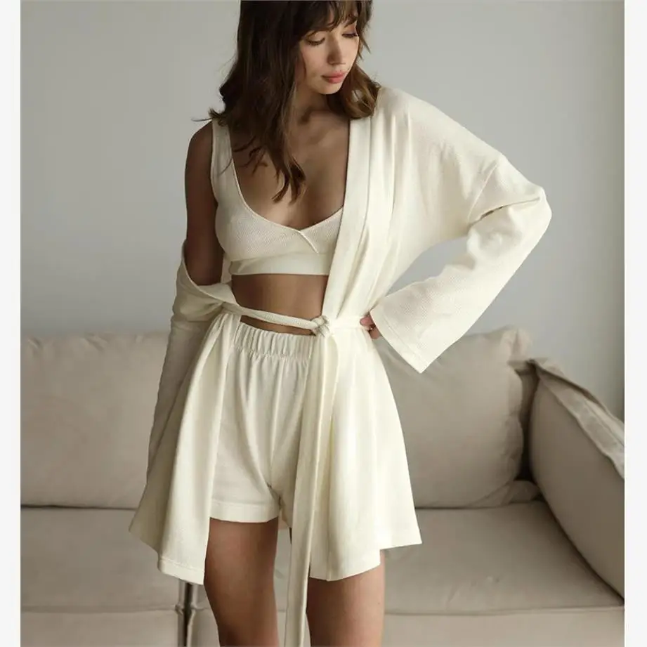 

Faionable Long Sve Pure Color Striped Vest orts Set Leisure Home Wear Belted Outer awl Polyester Fabric Women's Set