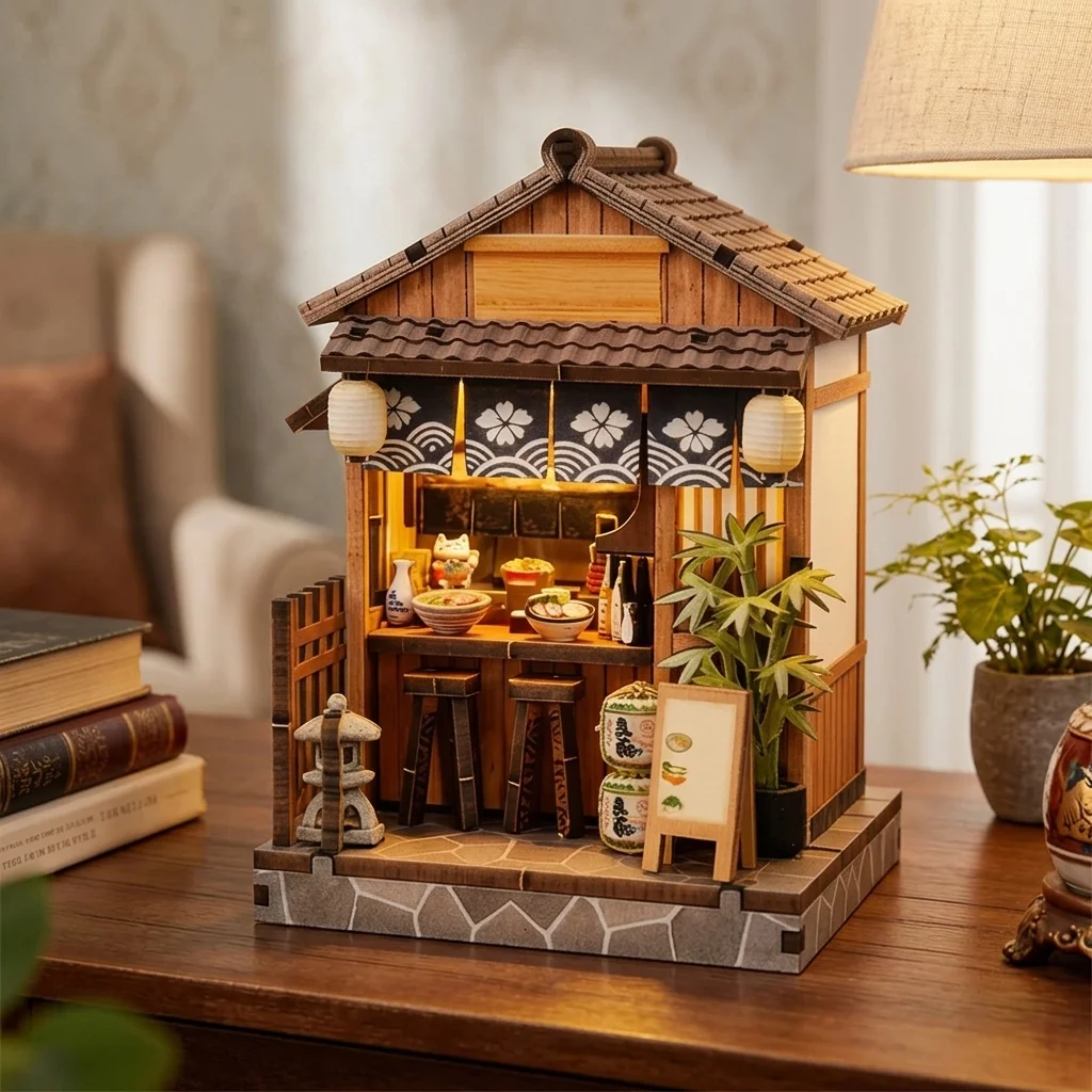 DIY Wooden Mini Casa Japanese Tavern Miniatures With Lights for Friends Birthday Gifts Home Decoration Crafts